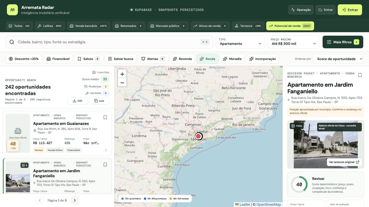 Visão do Arremata Radar com catálogo, mapa e análise de oportunidade